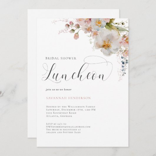 Elegant Roze Bloemen Vrijgezellenfeest Luncheon Kaart (Voorkant / Achterkant)