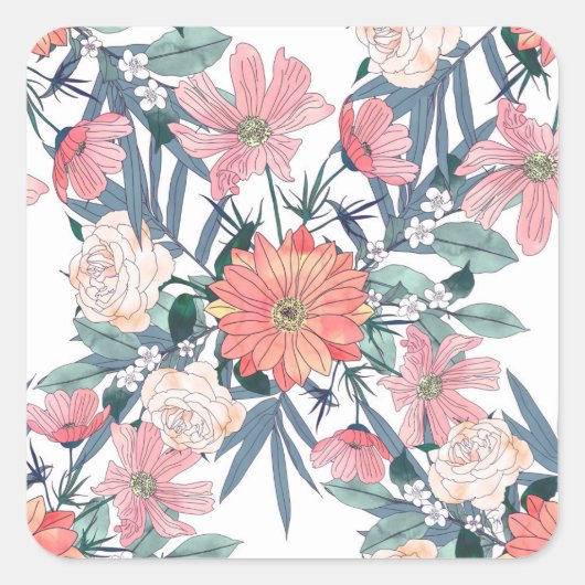 Elegant Roze Bloemen Waterverf Bloemen Vierkante Sticker (Voorkant)