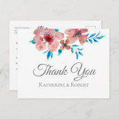 Elegant roze bloemen Waterverf Dank u wel Briefkaart (Voorkant / Achterkant)