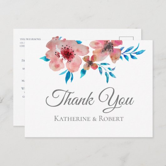 Elegant roze bloemen Waterverf Dank u wel Briefkaart (Voorkant / Achterkant)