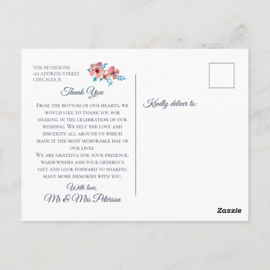 Elegant roze bloemen Waterverf Dank u wel Briefkaart (Achterkant)