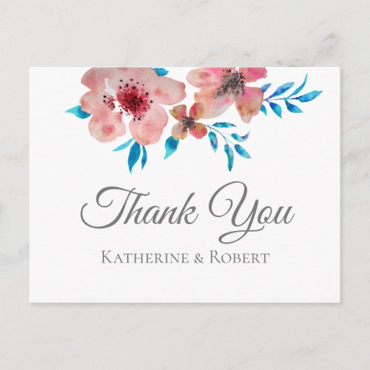 Elegant roze bloemen Waterverf Dank u wel Briefkaart (Voorkant)