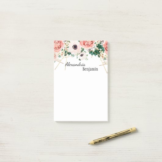 Elegant roze bloemen Waterverf Floral personaliser Post-it® Notes (Op bureau)