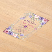 Elegant Roze Bloemen Zilver Paarse Meisje Quinceañ Acryl Uitnodigingen (Laagn)