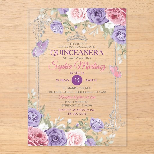 Elegant Roze Bloemen Zilver Paarse Meisje Quinceañ Acryl Uitnodigingen (Voorkant)
