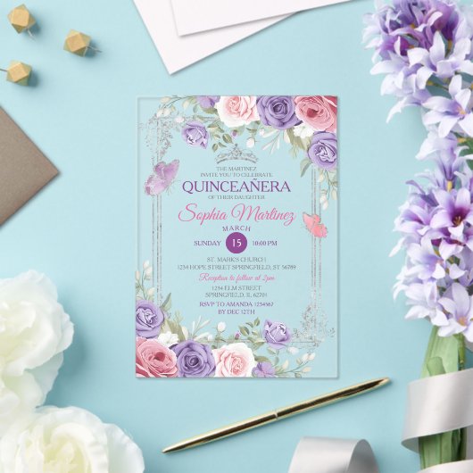 Elegant Roze Bloemen Zilver Paarse Meisje Quinceañ Acryl Uitnodigingen (Insitu (Huwelijk))
