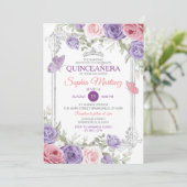 Elegant Roze Bloemen Zilver Paarse Meisje Quinceañ Kaart (Staand voorkant)