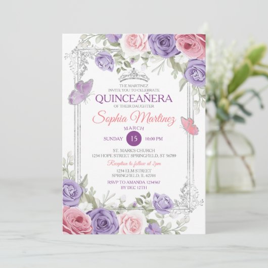 Elegant Roze Bloemen Zilver Paarse Meisje Quinceañ Kaart (Staand voorkant)