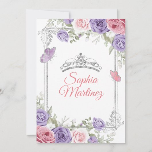 Elegant Roze Bloemen Zilver Paarse Meisje Quinceañ Kaart (Achterkant)