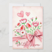 Elegant roze bloemenboeket met hartjes en lint kaart (Voorkant)