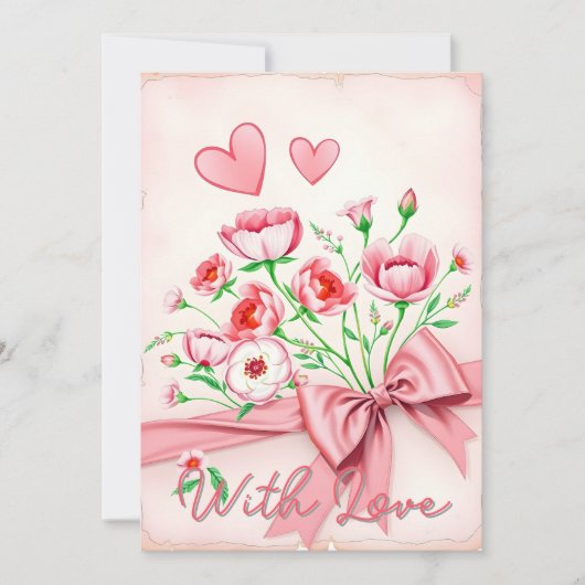 Elegant roze bloemenboeket met hartjes en lint kaart (Voorkant)