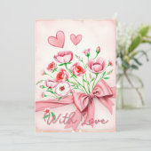 Elegant roze bloemenboeket met hartjes en lint kaart (Staand voorkant)
