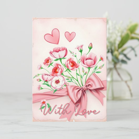 Elegant roze bloemenboeket met hartjes en lint kaart (Staand voorkant)