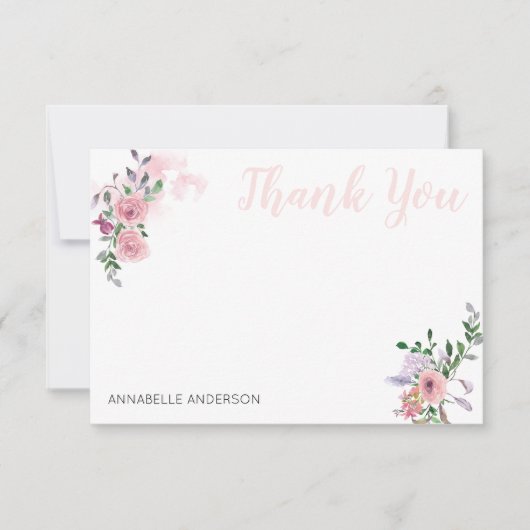 Elegant roze bloemenboeket Waterverf Dank u Notitiekaartje (Voorkant)