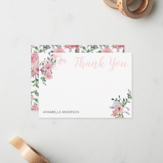 Elegant roze bloemenboeket Waterverf Dank u Notitiekaartje (Voorkant / Achterkant in situ)