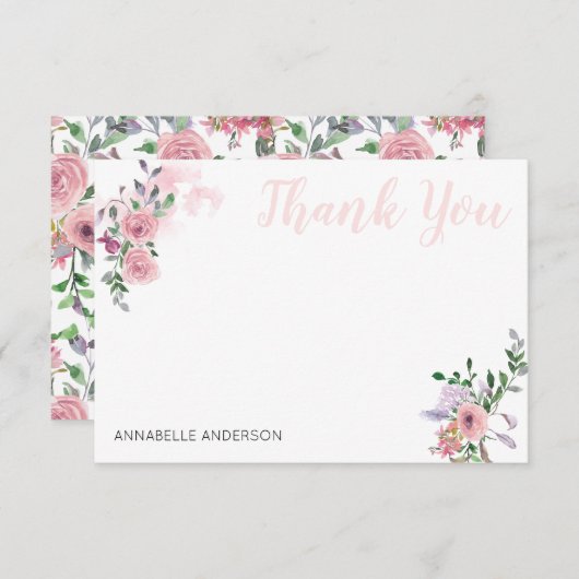 Elegant roze bloemenboeket Waterverf Dank u Notitiekaartje (Voorkant / Achterkant)