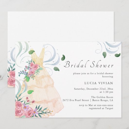 Elegant roze bloemenbruiloft jurk Vrijgezellenfees Kaart (Voorkant / Achterkant)