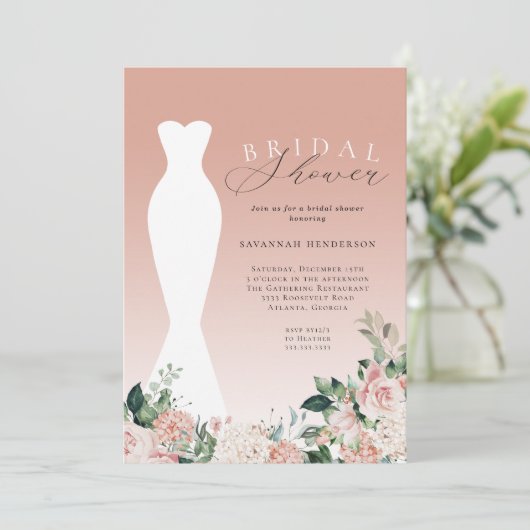 Elegant roze bloemenbruiloft jurk Vrijgezellenfees Kaart (Staand voorkant)