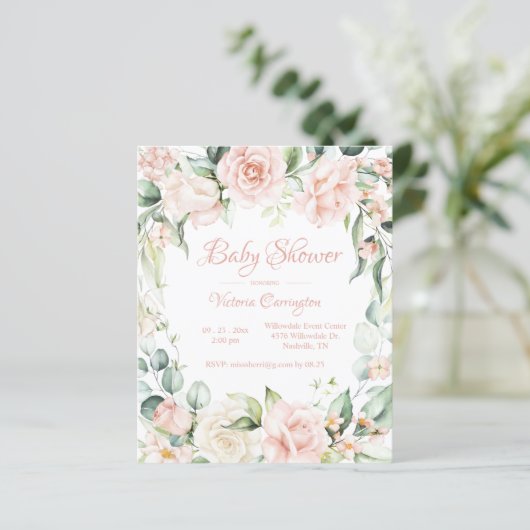 Elegant roze bloemenbudget Baby shower Uitnodiging (Staand voorkant)
