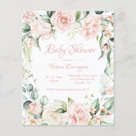 Elegant roze bloemenbudget Baby shower Uitnodiging (Voorkant)