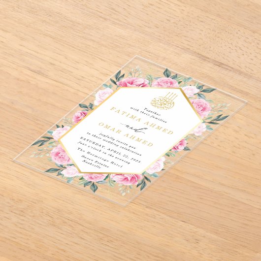 Elegant roze bloemengoud bladeren moslim bruiloft acryl uitnodigingen (Laagn)