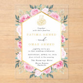 Elegant roze bloemengoud bladeren moslim bruiloft acryl uitnodigingen (Voorkant)