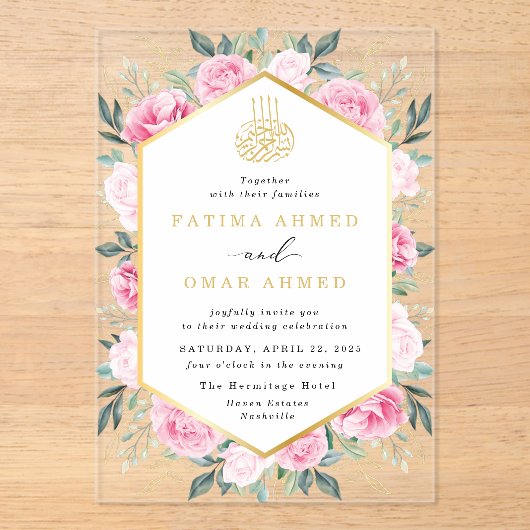 Elegant roze bloemengoud bladeren moslim bruiloft acryl uitnodigingen (Voorkant)
