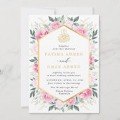 Elegant roze bloemengoud bladeren moslim bruiloft kaart (Voorkant)