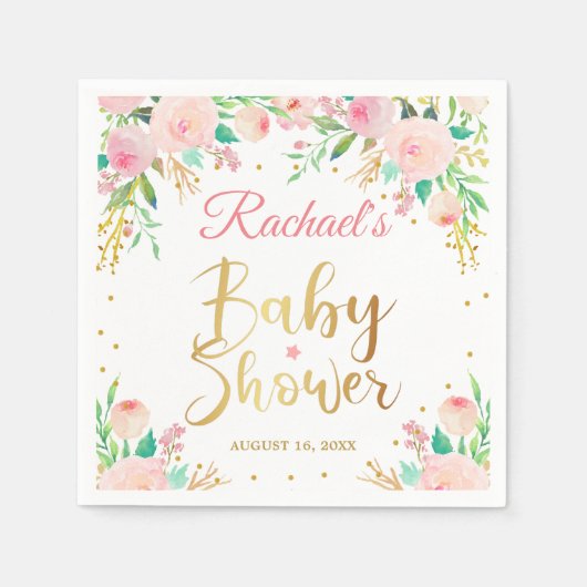 Elegant roze bloemengouden script Baby shower papi Servet (Voorkant)