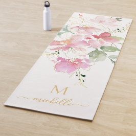 Elegant roze bloemengouden script monogram yogamat