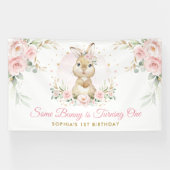 Elegant roze bloemenkonijn konijn meisje verjaarda spandoek (Horizontaal)