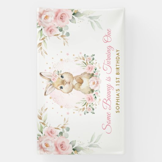 Elegant roze bloemenkonijn konijn meisje verjaarda spandoek (Verticaal)