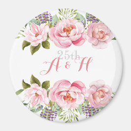 Elegant roze bloemenkrans monogram 25e bruiloft magneet
