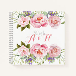 Elegant roze bloemenkrans monogram 25e bruiloft notitieboek