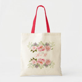 Elegant roze bloemenkrans monogram bruiloft cadeau tote bag