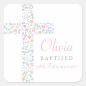 Elegant roze bloemenkruis baby meisje doop vierkante sticker (Voorkant)