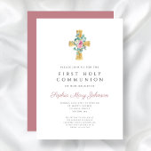 Elegant roze bloemenkruis Eerste Heilige Communie Kaart