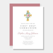 Elegant roze bloemenkruis Eerste Heilige Communie Kaart