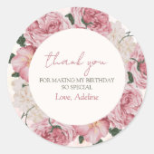 Elegant roze bloemenmeisje verjaardag dank je wel  ronde sticker (Voorkant)