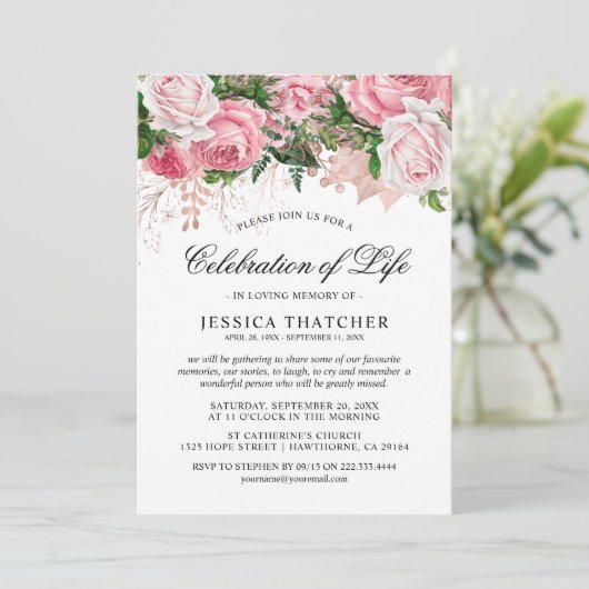 Elegant roze bloemenmonument | Viering van het lev Kaart (Staand voorkant)