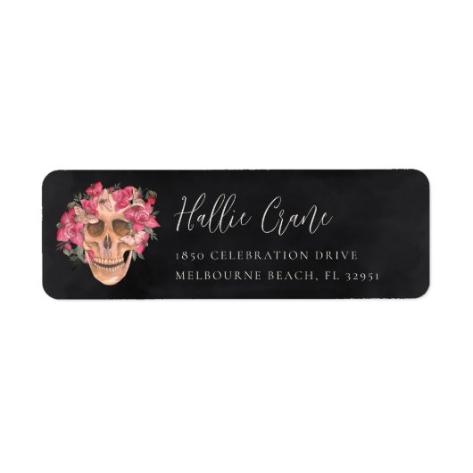 Elegant Roze Bloemenschedel Halloween Retouradres Etiket (Voorkant)
