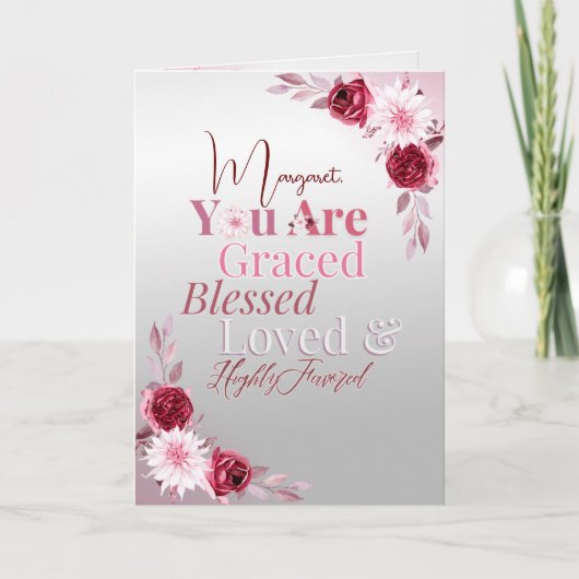 Elegant roze bloemenscript Graced Blessed Loved Notitiekaartje (Voorkant)