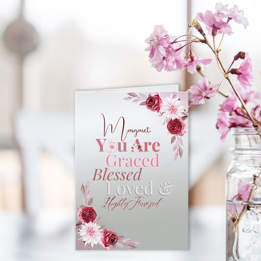 Elegant roze bloemenscript Graced Blessed Loved Notitiekaartje