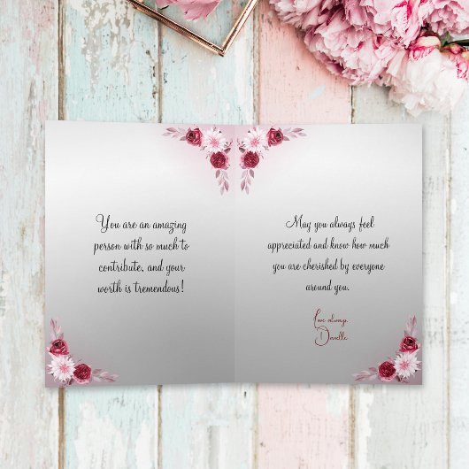 Elegant roze bloemenscript Graced Blessed Loved Notitiekaartje