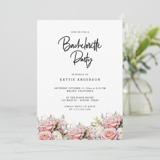 Elegant roze bloemenscript vrijgezellenfeest kaart (Staand voorkant)