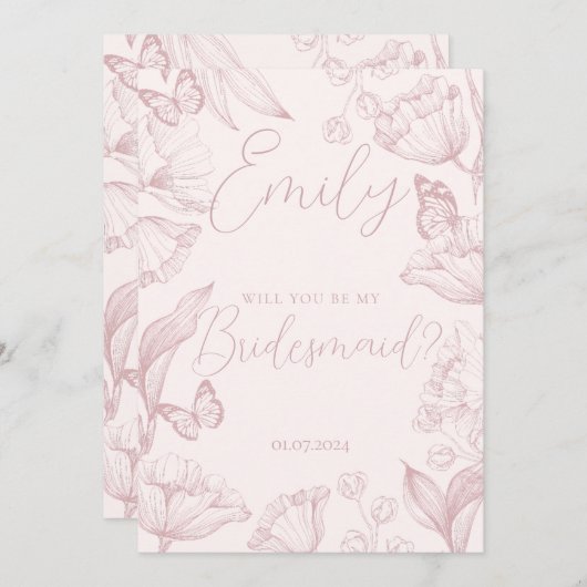 Elegant roze bloemetje wordt mijn bruidsmeisje kaart (Voorkant / Achterkant)