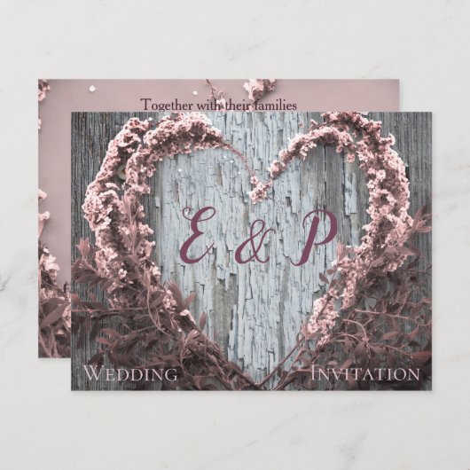 Elegant roze bloemhart roestvrij bruinhout bruilof (Voorkant / Achterkant)