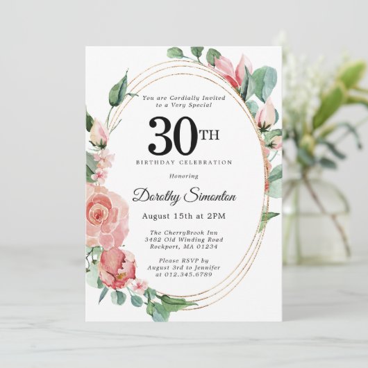 Elegant roze bloemig 30ste verjaardagsfeestje kaart (Staand voorkant)