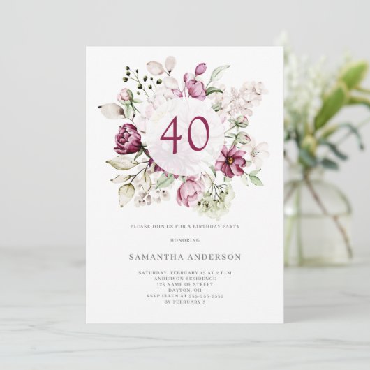 Elegant roze bloemig 40ste verjaardagsfeestje kaart (Staand voorkant)