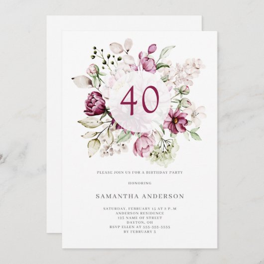 Elegant roze bloemig 40ste verjaardagsfeestje kaart (Voorkant / Achterkant)